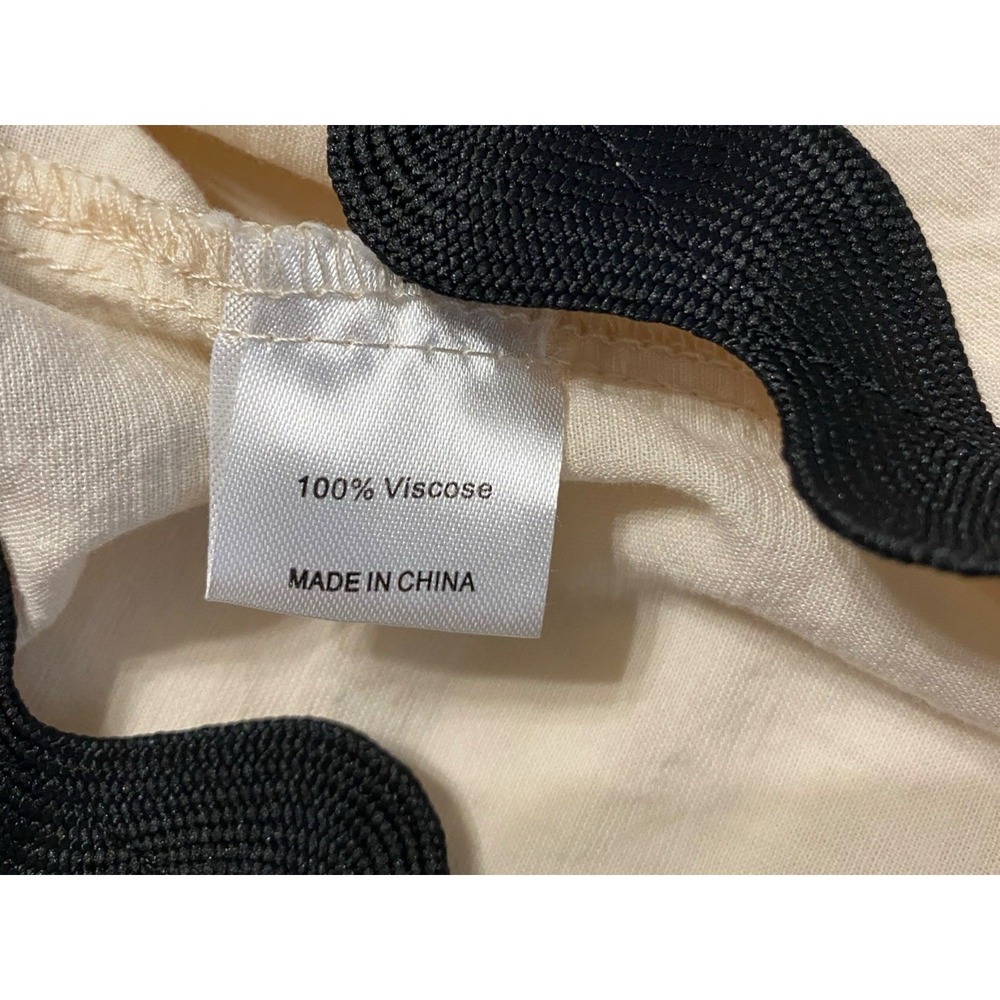 Womens Midi Spring Dress Size M Cream Black Wavy Trim Spaghetti Strap Viscose - Picture 8 of 9
